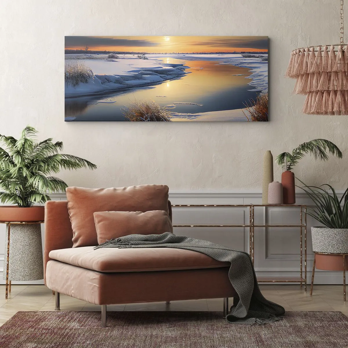 Impression sur toile - Image sur toile - Paysage d'hiver avec une rivière au coucher du soleil - 120x50cm - Coucher de soleil d'hiver - Décoration murale moderne pour le salon et la chambre ARTTOR