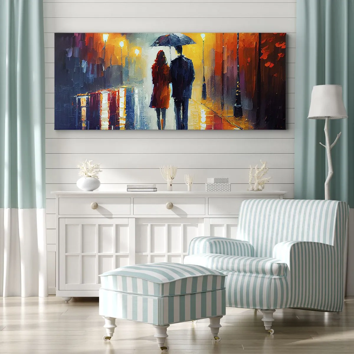 Impression sur toile - Image sur toile - Un couple sous un parapluie se promenant dans une ville nocturne colorée - 140x50cm - Ensemble – une nuit colorée - Décoration murale moderne pour le salon et la chambre ARTTOR