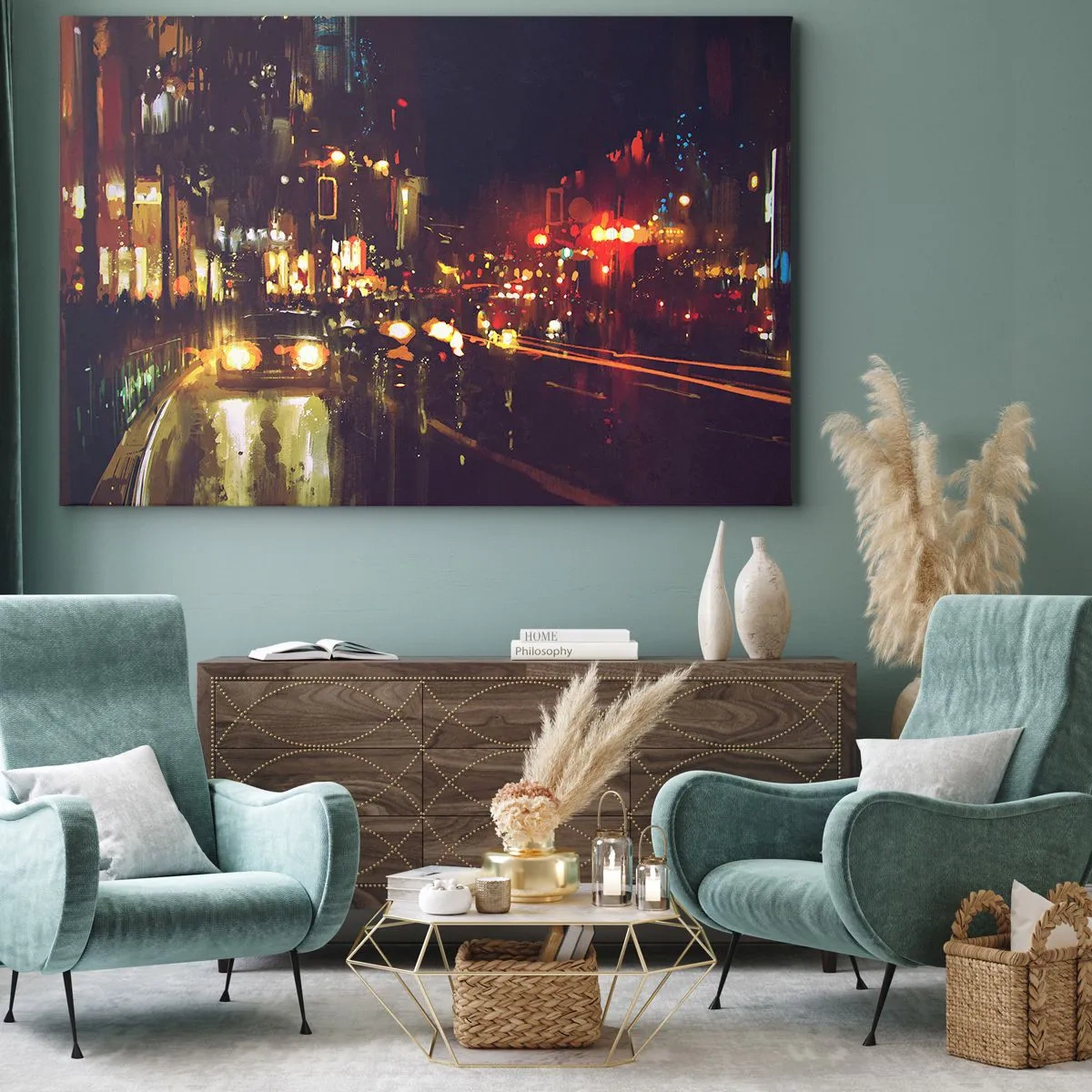 Impression sur toile - Image sur toile - Scène de ville nocturne avec des lumières colorées et des reflets dans la rue - 70x50cm - Immergé dans les lumières de la nuit - Décoration murale moderne pour le salon et la chambre ARTTOR