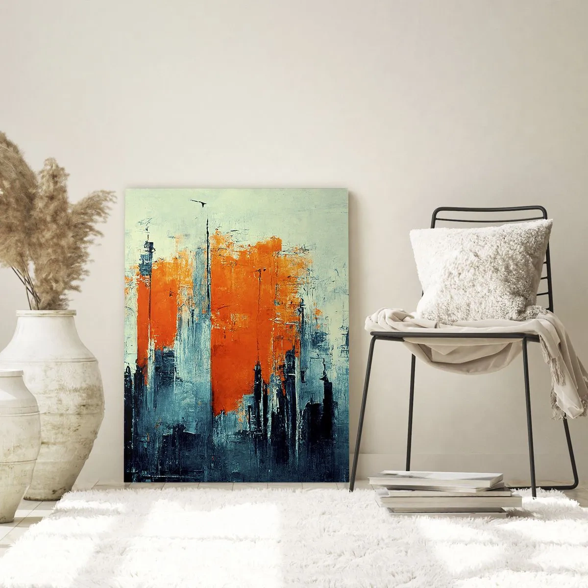 Impression sur verre - Image sur verre - Un panorama urbain moderne dans des tons de gris et d'orange - 50x70cm - Paysage moderne - Décoration murale moderne pour le salon et la chambre ARTTOR