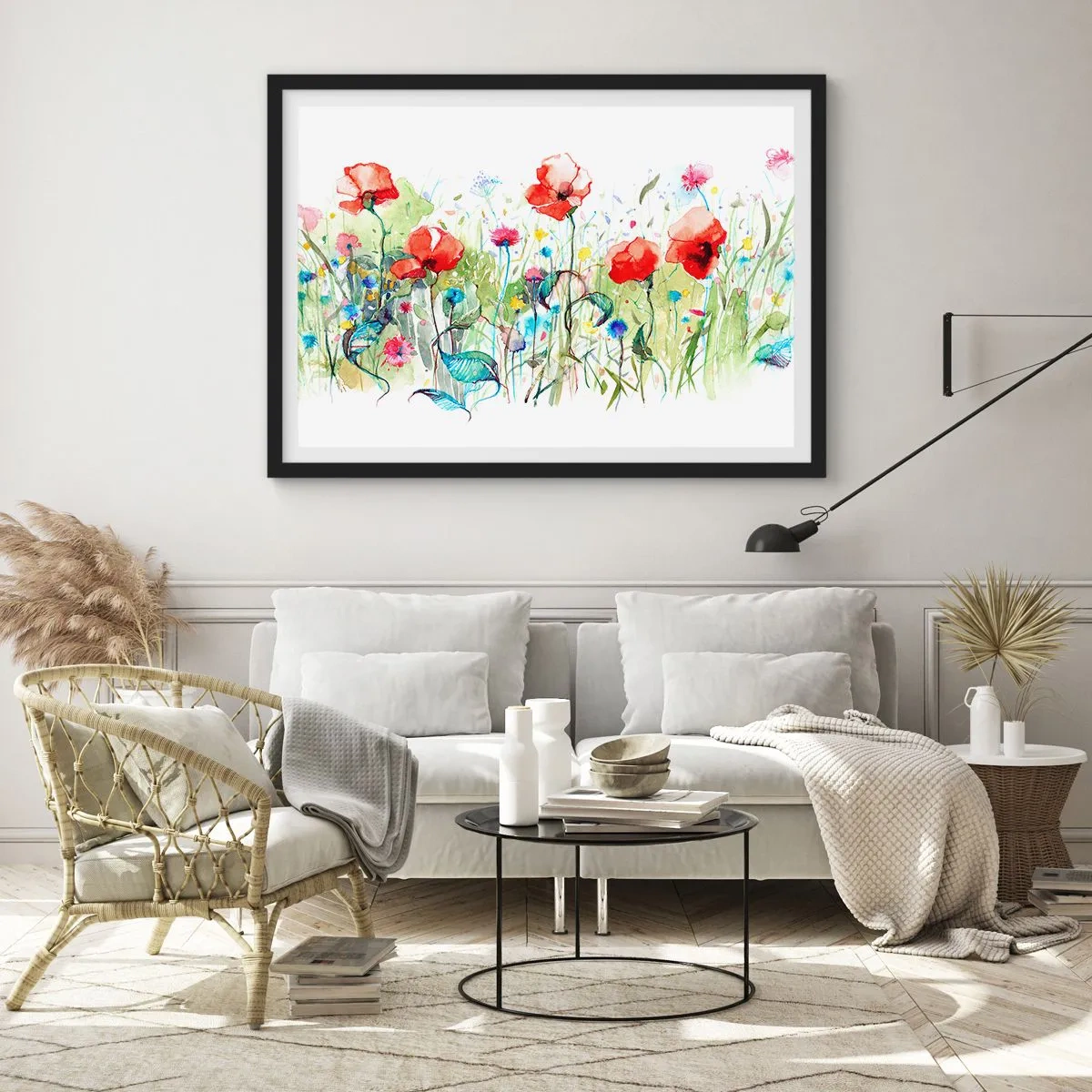 Affiche dans un cadre noir - Poster - Une prairie avec des coquelicots rouges et des fleurs colorées à l'aquarelle - 70x50cm - Prairie de fleurs en mai - Décoration murale moderne pour le salon et la chambre ARTTOR