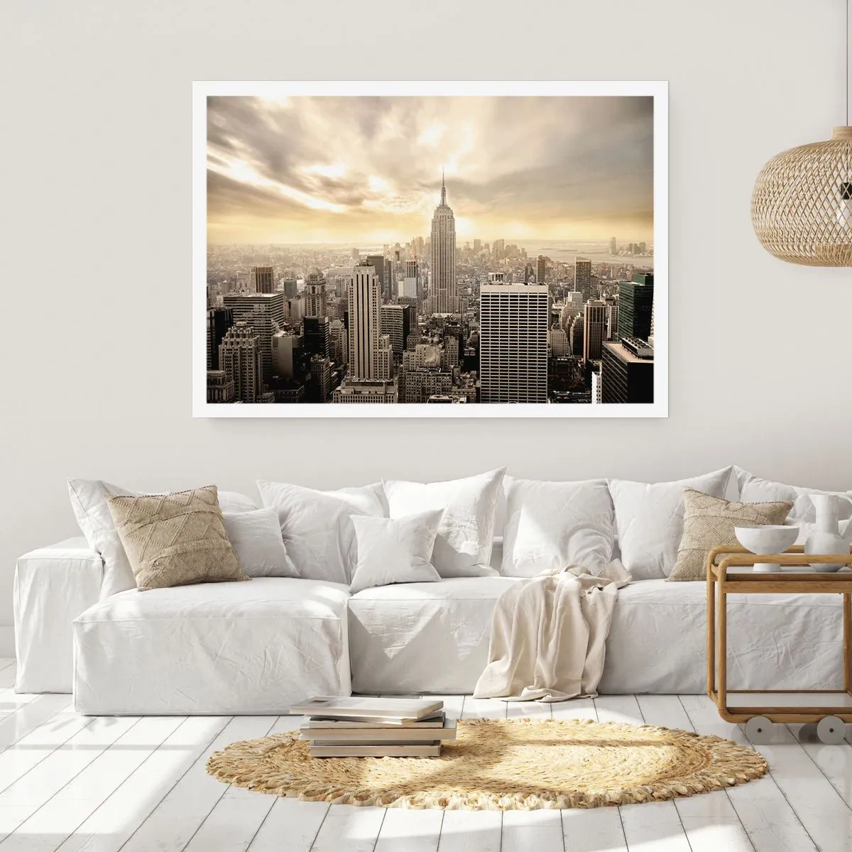 Affiche - Poster - Panorama de la ville avec vue sur l'Empire State Building - 100x70cm - New York tissé de gris - Décoration murale moderne pour le salon et la chambre ARTTOR