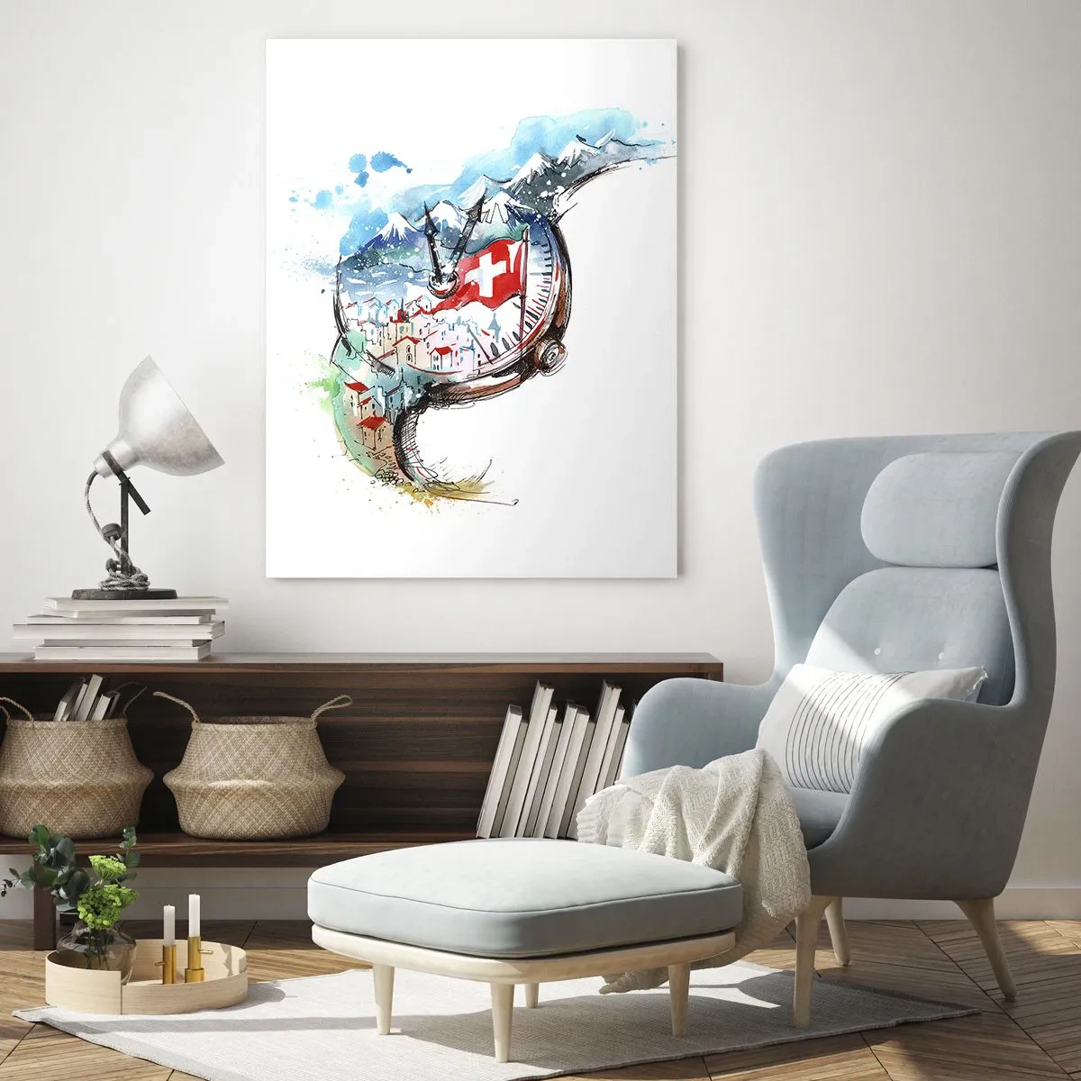 Impression sur verre - Image sur verre - Aquarelle représentant un paysage suisse avec un drapeau et une montre - 50x70cm - L'esprit de la Suisse - Décoration murale moderne pour le salon et la chambre ARTTOR