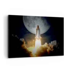 Impression sur toile - Image sur toile - Une fusée décollant sur fond de pleine lune entourée de nuages dynamiques. - 120x80cm - Le début d'une aventure surnaturelle - Décoration murale moderne pour le salon et la chambre ARTTOR