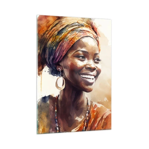 Impression sur verre - Image sur verre - Portrait à l'aquarelle d'une femme souriante portant un turban - 50x70cm - reine africaine - Décoration murale moderne pour le salon et la chambre ARTTOR