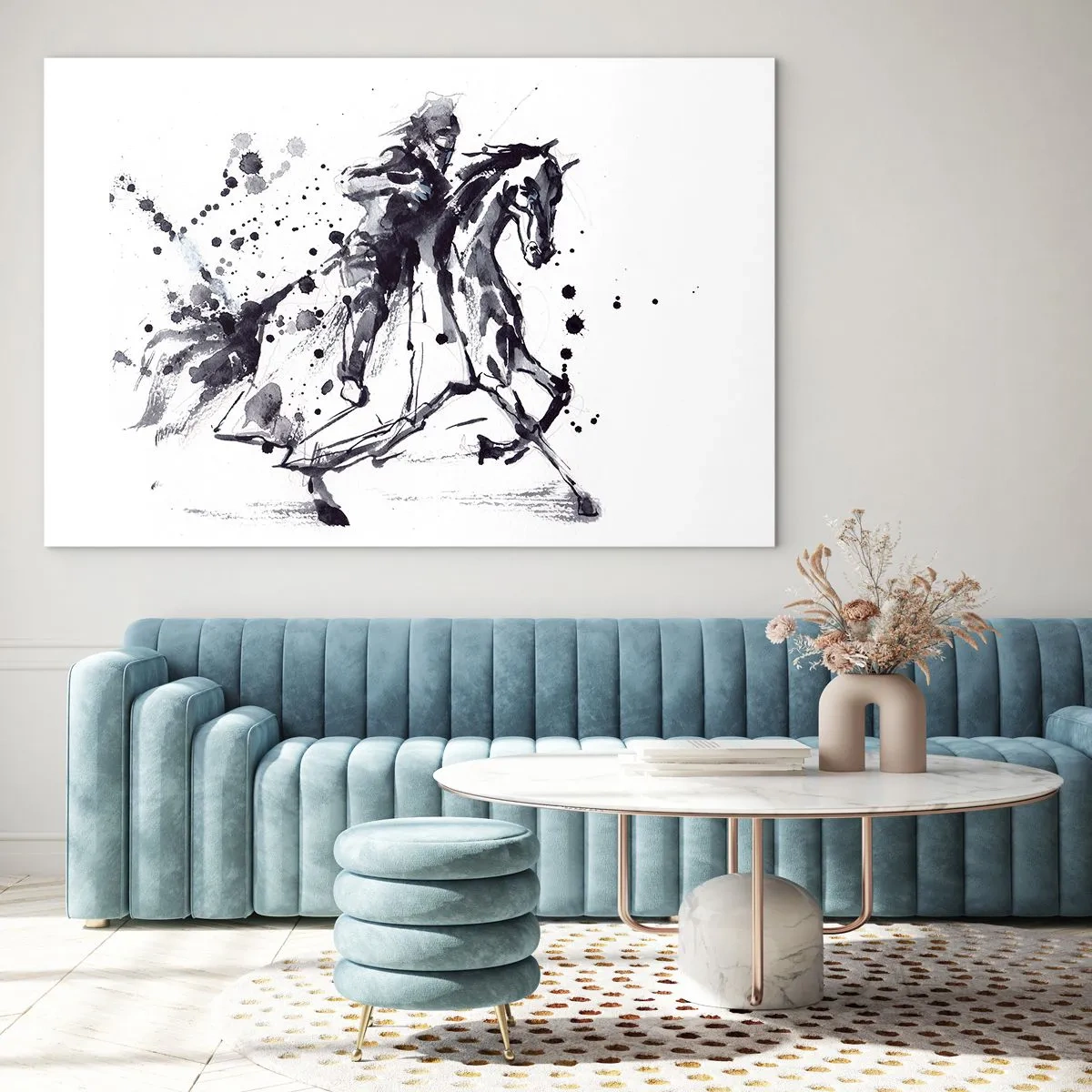 Impression sur verre - Image sur verre - Peinture en noir et blanc d'un cavalier sur un cheval dans un style abstrait - 120x80cm - Chevalier noir - Décoration murale moderne pour le salon et la chambre ARTTOR