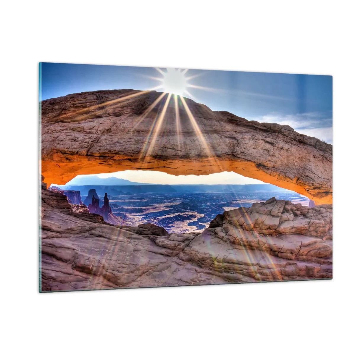 Impression sur verre - Image sur verre - Arche rocheuse avec rayons de soleil sur fond de paysage - 120x80cm - Par la porte rocheuse - Décoration murale moderne pour le salon et la chambre ARTTOR