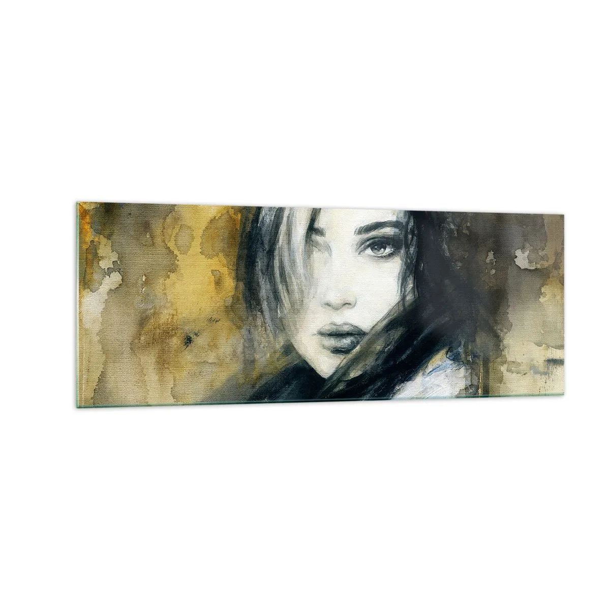Impression sur verre - Image sur verre - Portrait d'une femme sur fond de taches abstraites dans les tons beiges - 140x50cm - plutôt innocente ou sensuelle ? - Décoration murale moderne pour le salon et la chambre ARTTOR