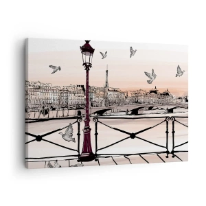 Impression sur toile - Image sur toile - Vue parisienne avec une lanterne et un pont - 70x50cm - Sur les toits de Paris - Décoration murale moderne pour le salon et la chambre ARTTOR