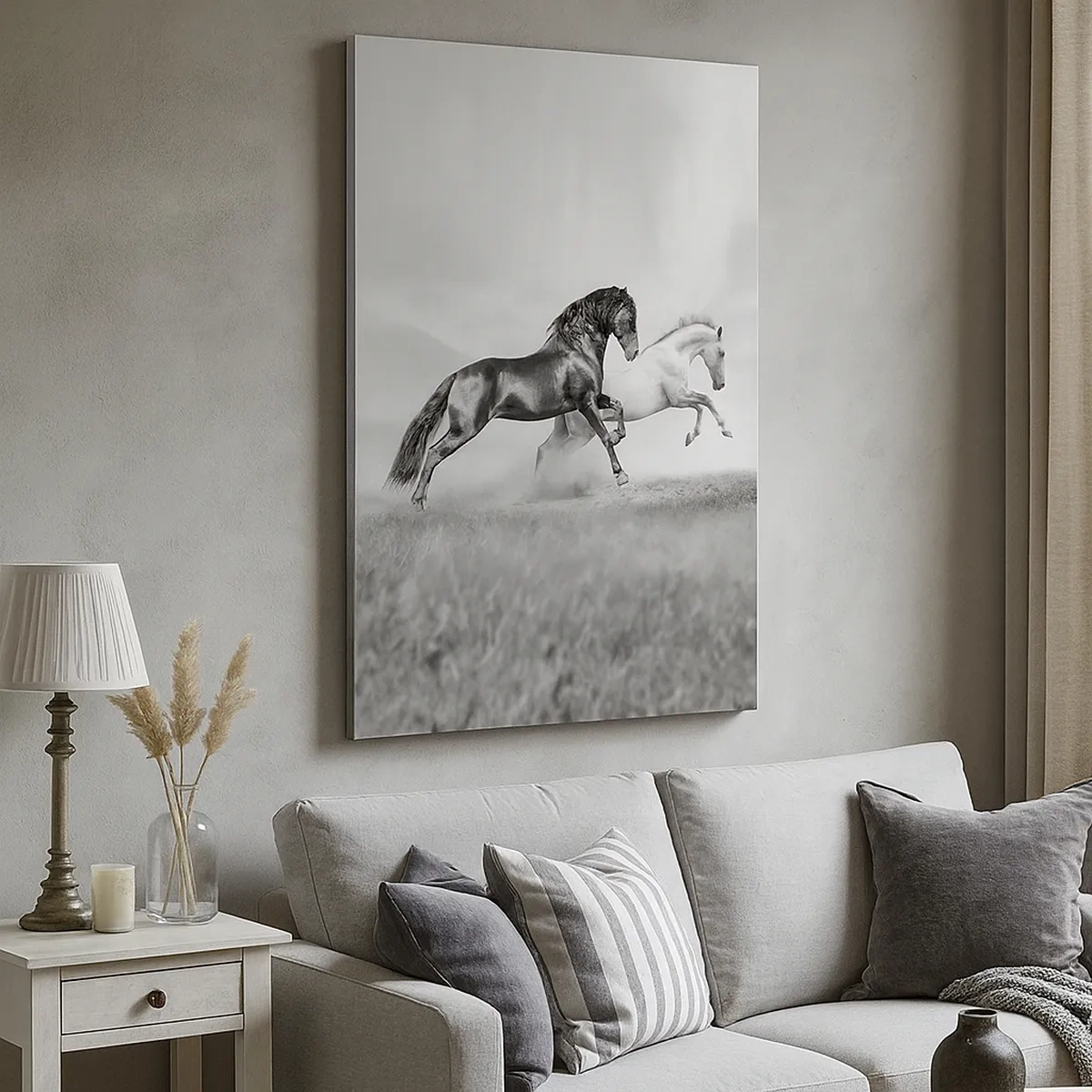 Impression sur toile - Image sur toile - Deux chevaux au galop dans une composition dynamique en noir et blanc - 50x70cm - Anges et démons - Décoration murale moderne pour le salon et la chambre ARTTOR