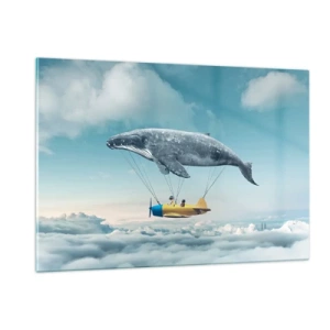 Impression sur verre - Image sur verre - Une baleine soulève un avion au-dessus des nuages dans un décor surréaliste. - 120x80cm - Pourquoi pas? - Décoration murale moderne pour le salon et la chambre ARTTOR