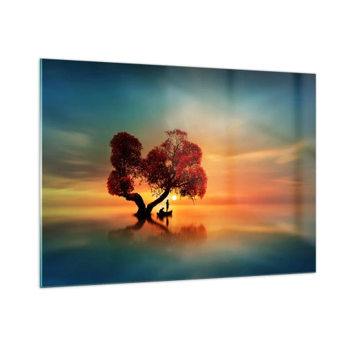 Impression sur verre - Image sur verre - Un arbre aux feuilles rouges sur fond de coucher de soleil - 100x70cm - Plénitude et éloignement sans monde - Décoration murale moderne pour le salon et la chambre ARTTOR