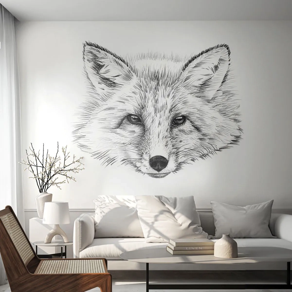 Papier Peint Photo Premium Sand - Un dessin monochrome d'un renard - 100x70cm - Ces yeux peuvent-ils mentir ? - Décoration murale moderne pour le salon et la chambre ARTTOR