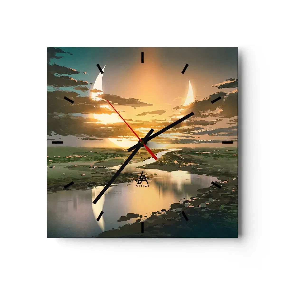 Horloge murale - Pendule murale - Un paysage fantastique avec deux lunes à l'horizon - 30x30cm - Quelque part dans une galaxie lointaine, très lointaine - Décoration murale moderne pour le salon et la chambre ARTTOR