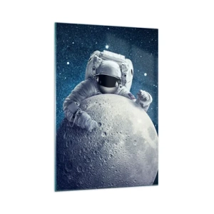 Impression sur verre - Image sur verre - Astronaute tenant la lune dans un ciel étoilé - 70x100cm - Comique de l'espace - Décoration murale moderne pour le salon et la chambre ARTTOR