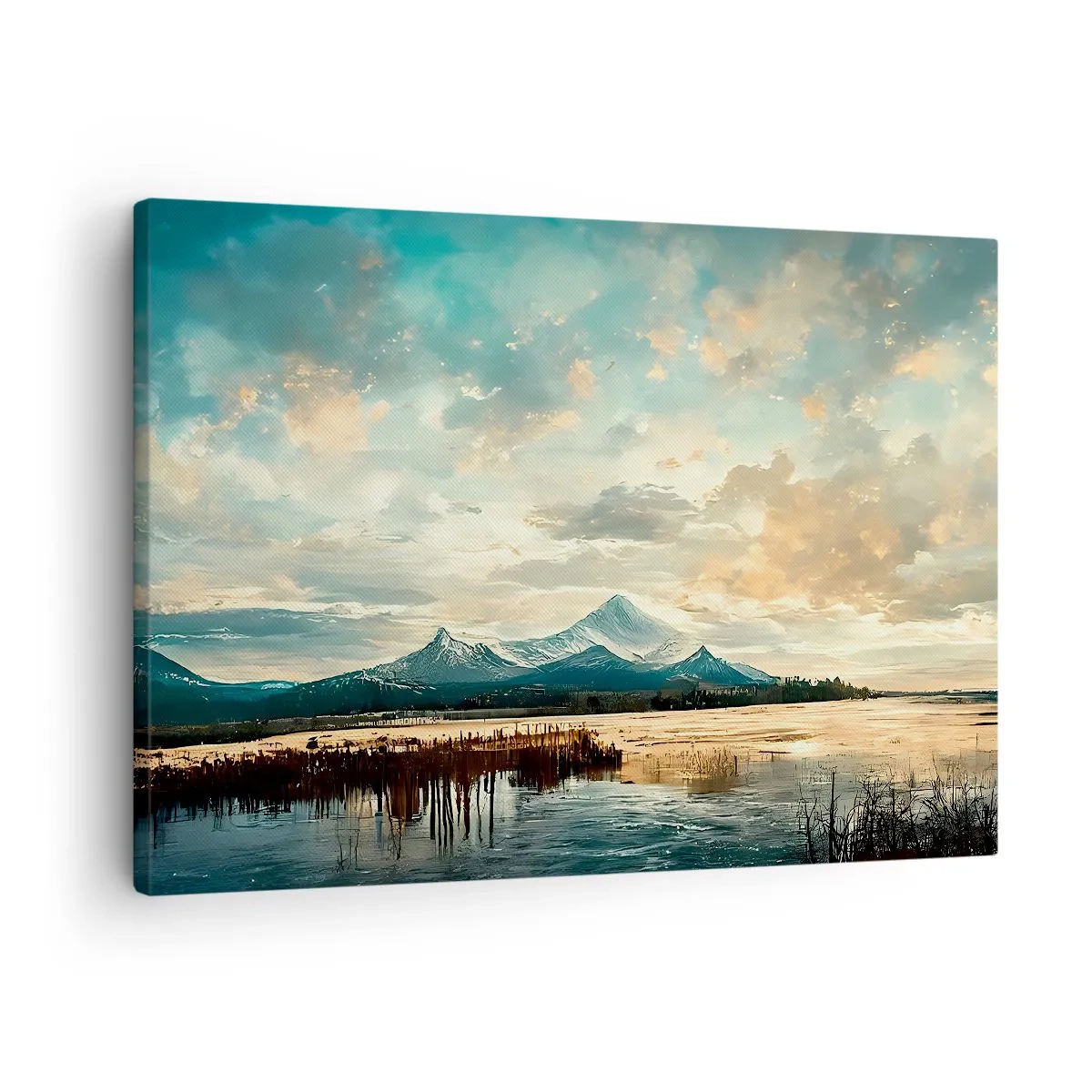 Impression sur toile - Image sur toile - Un paysage pittoresque avec une montagne et un lac calme - 70x50cm - Sous la protection du ciel - Décoration murale moderne pour le salon et la chambre ARTTOR