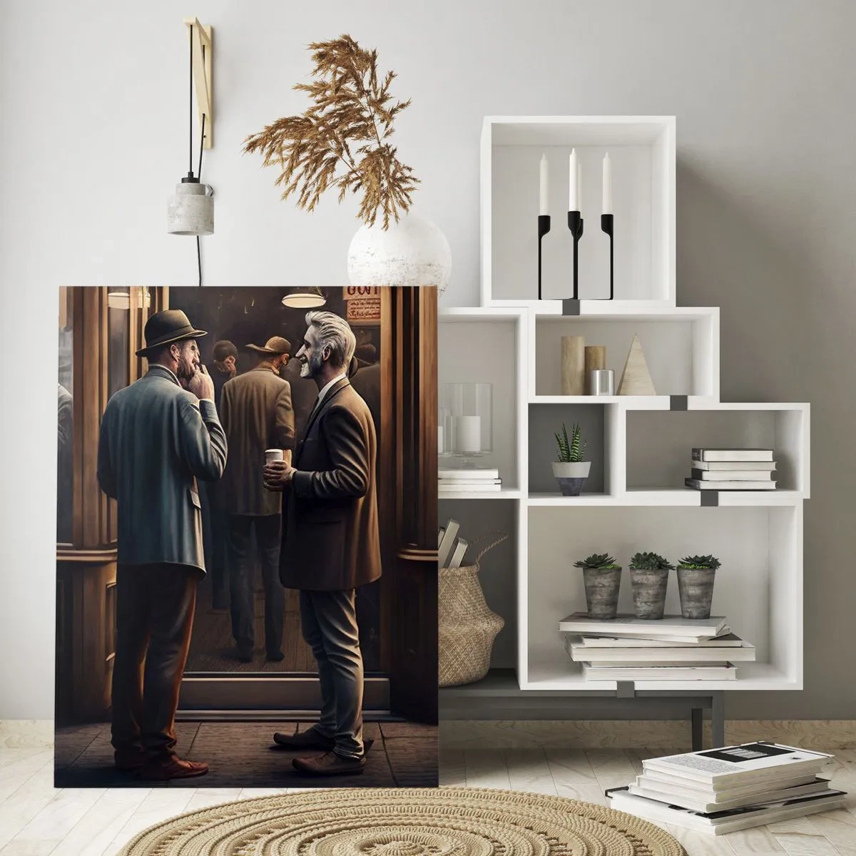 Impression sur verre - Image sur verre - Hommes discutant devant un café dans un décor urbain rétro - 50x70cm - Bon moment de la journée - Décoration murale moderne pour le salon et la chambre ARTTOR