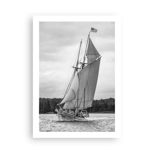 Affiche - Poster - Un voilier avec de grandes voiles naviguant sur la mer en noir et blanc - 50x70cm - Frères du vent - Décoration murale moderne pour le salon et la chambre ARTTOR