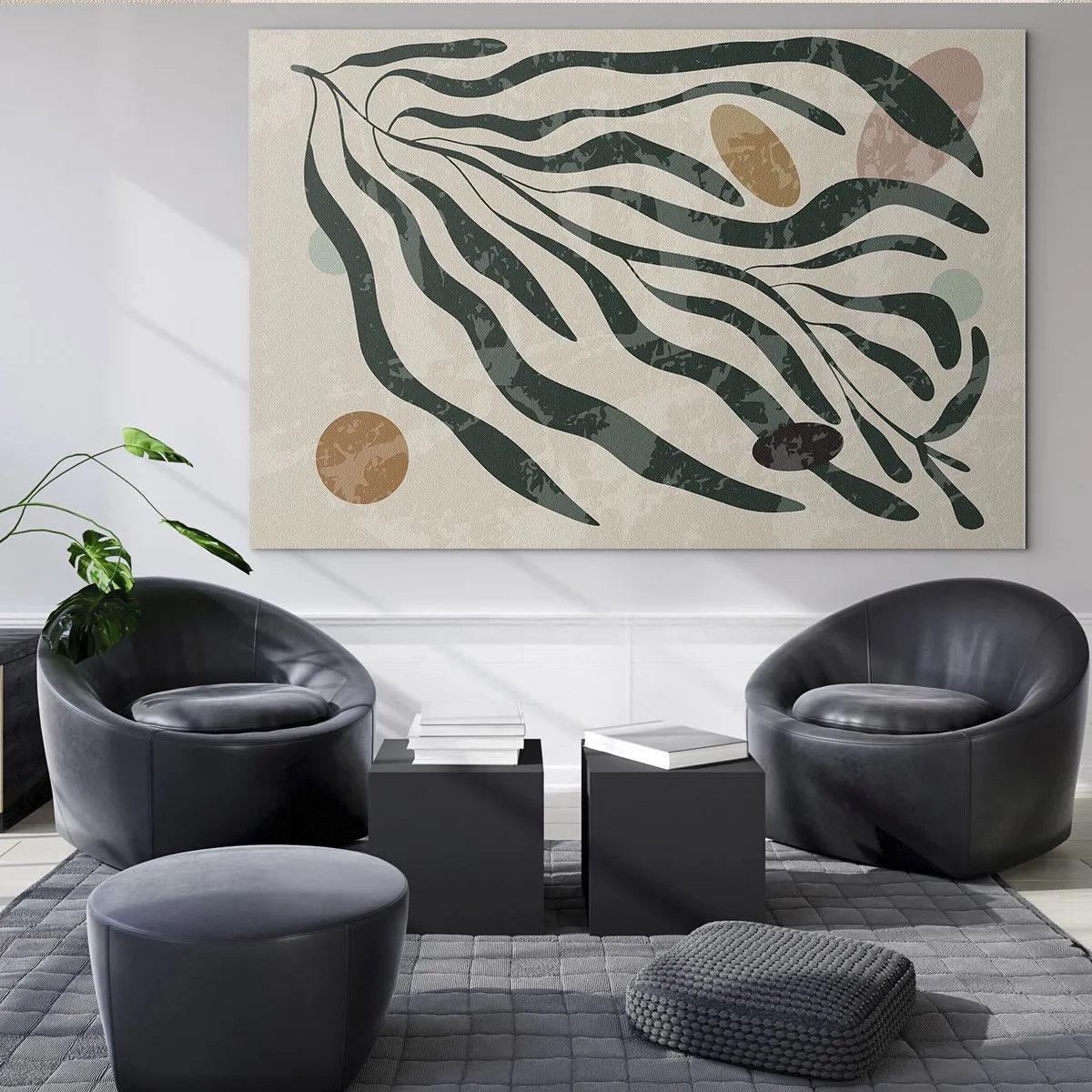 Impression sur verre - Image sur verre - Formes organiques en vert sur fond beige - 100x70cm - Parmi la verdure - Décoration murale moderne pour le salon et la chambre ARTTOR