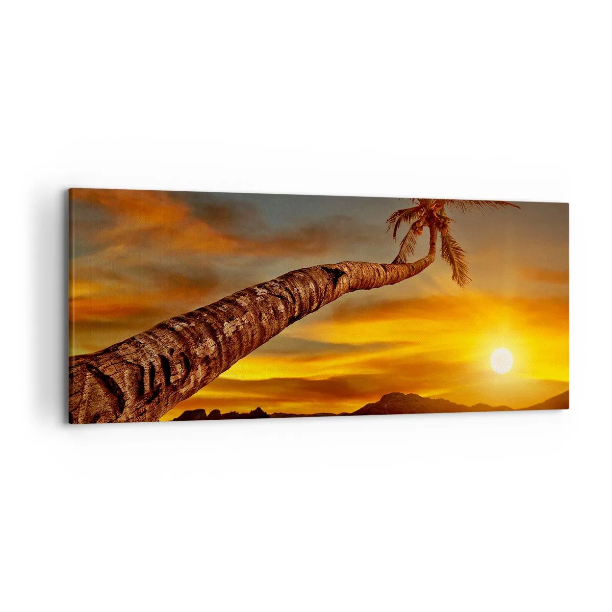 Impression sur toile - Image sur toile - Palmier sur la plage au coucher du soleil avec vue sur la mer - 120x50cm - Vacances exotiques, aventure caribéenne - Décoration murale moderne pour le salon et la chambre ARTTOR