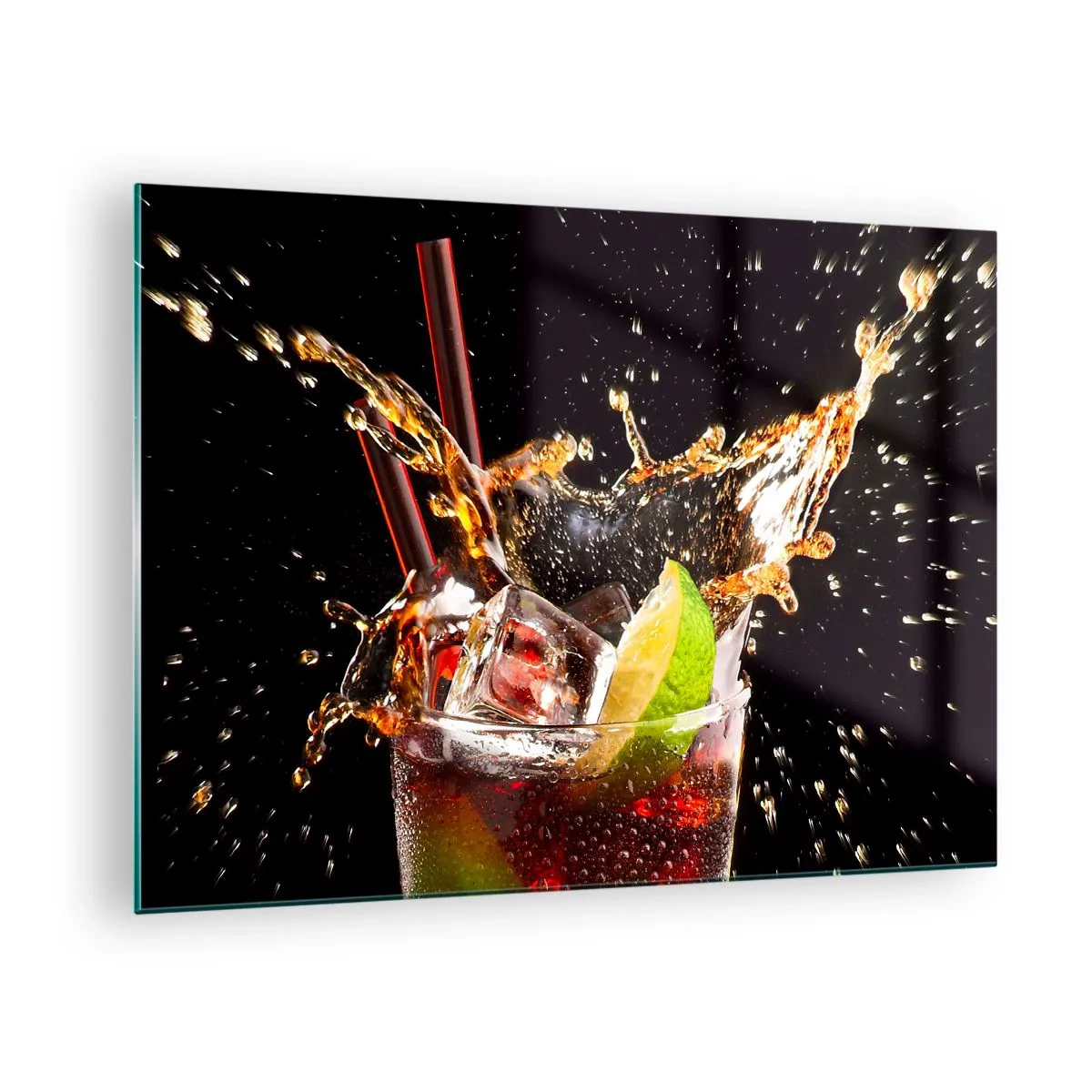Impression sur verre - Image sur verre - Un verre de boisson avec du citron vert et des éclaboussures sur un fond noir - 70x50cm - Joie et énergie des couleurs - Décoration murale moderne pour le salon et la chambre ARTTOR