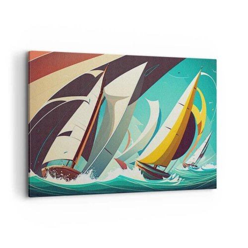 Impression sur toile - Image sur toile - Une illustration dynamique de voiliers dans une mer agitée. - 100x70cm - Bonne chance avec les éléments - Décoration murale moderne pour le salon et la chambre ARTTOR
