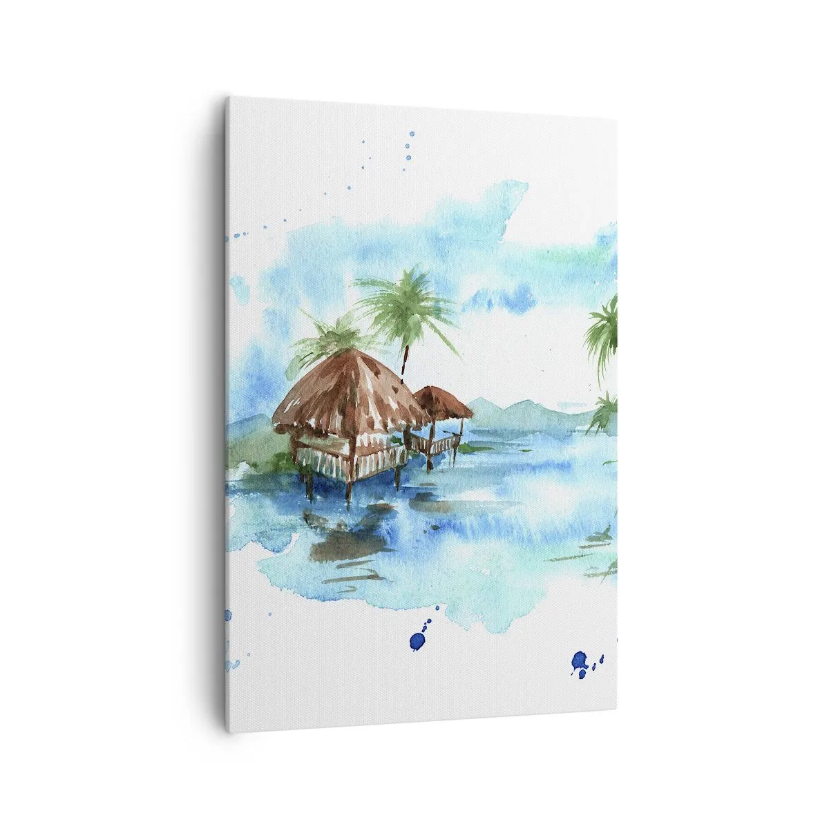 Impression sur toile - Image sur toile - Aquarelle représentant un paysage tropical avec des maisons et des palmiers - 70x100cm - Quelque part dans le Pacifique - Décoration murale moderne pour le salon et la chambre ARTTOR