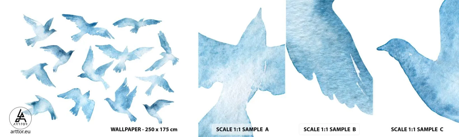 Échantillon De Papier Peint Standard Eco - Oiseaux bleus - Abstraction, Oiseau, Graphique - 100x30 cm