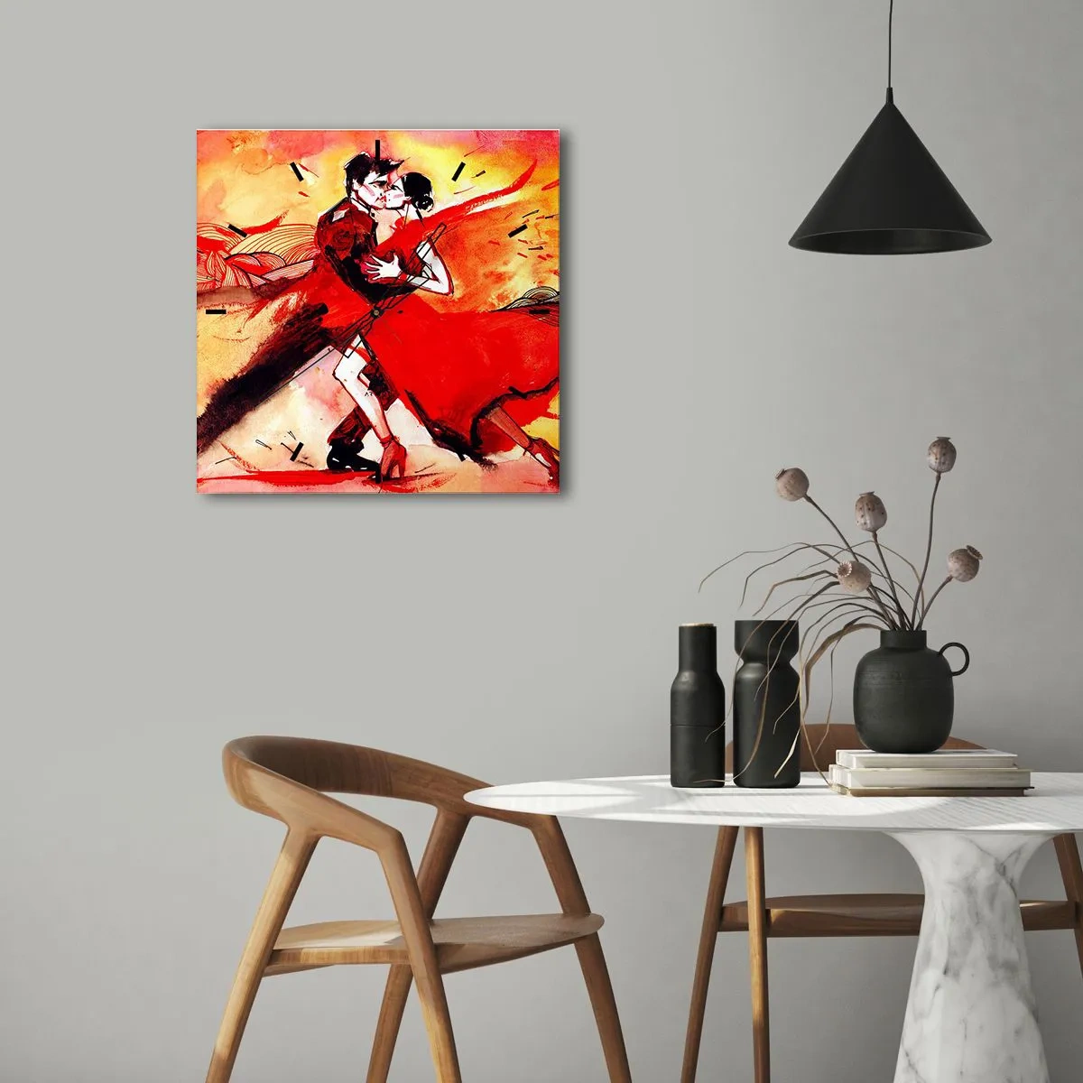 Horloge murale - Pendule murale - Un couple dansant le tango dans des tons rouges sur un fond dynamique. - 30x30cm - Le rythme violet de la passion - Décoration murale moderne pour le salon et la chambre ARTTOR