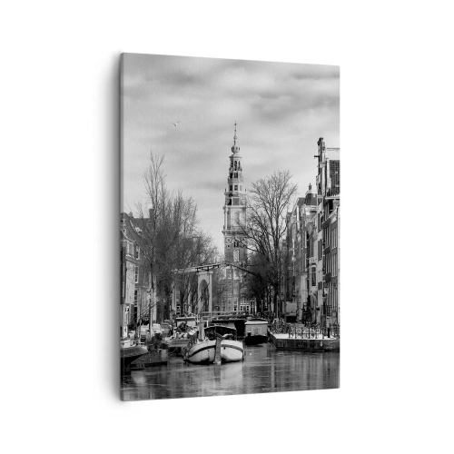 Impression sur toile - Image sur toile - Panorama noir et blanc d'Amsterdam avec canal et bâtiments historiques - 50x70cm - Climat d'Amsterdam - Décoration murale moderne pour le salon et la chambre ARTTOR