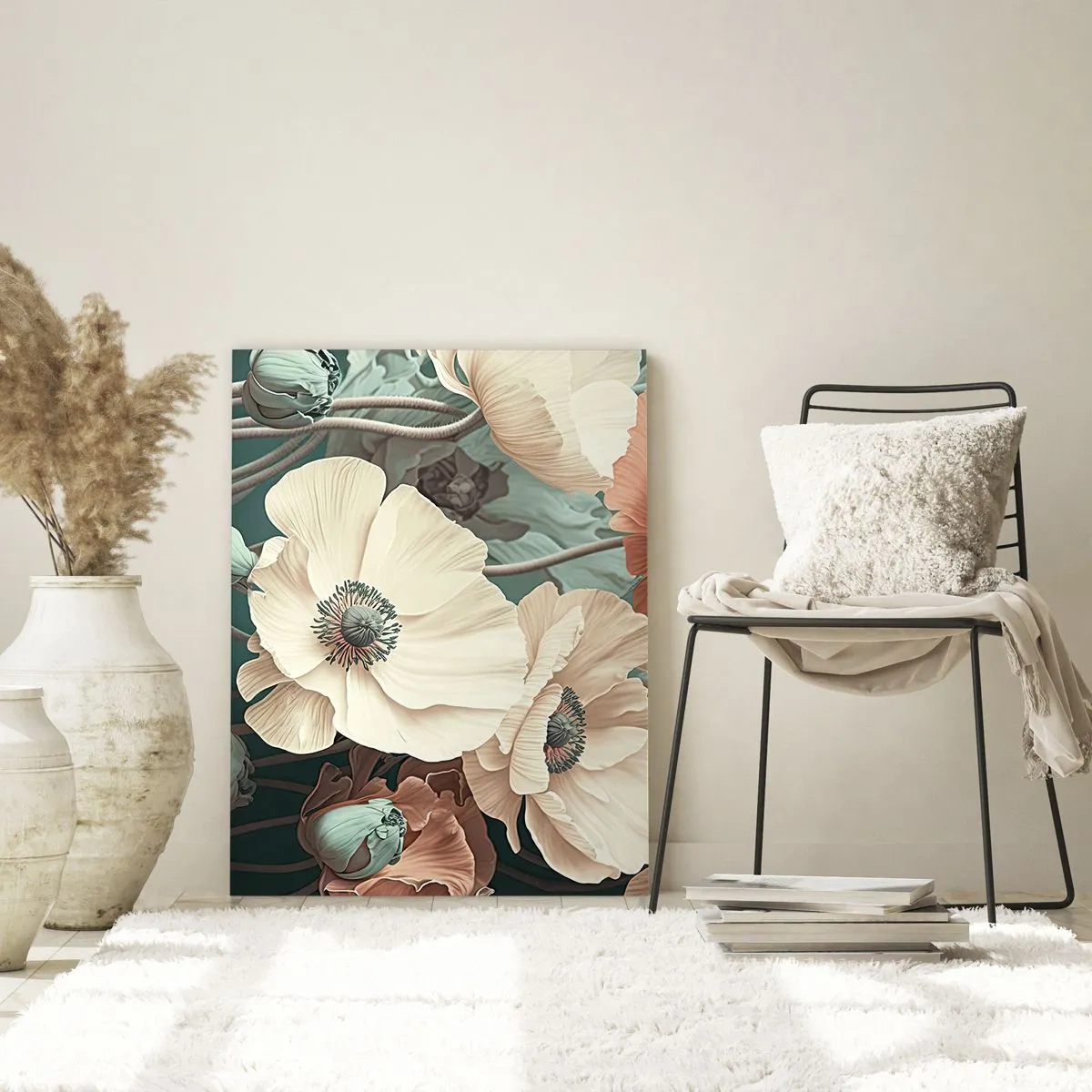 Impression sur verre - Image sur verre - Fleurs élégantes aux tons pastel sur fond vert - 70x100cm - Le murmure des coquelicots - Décoration murale moderne pour le salon et la chambre ARTTOR