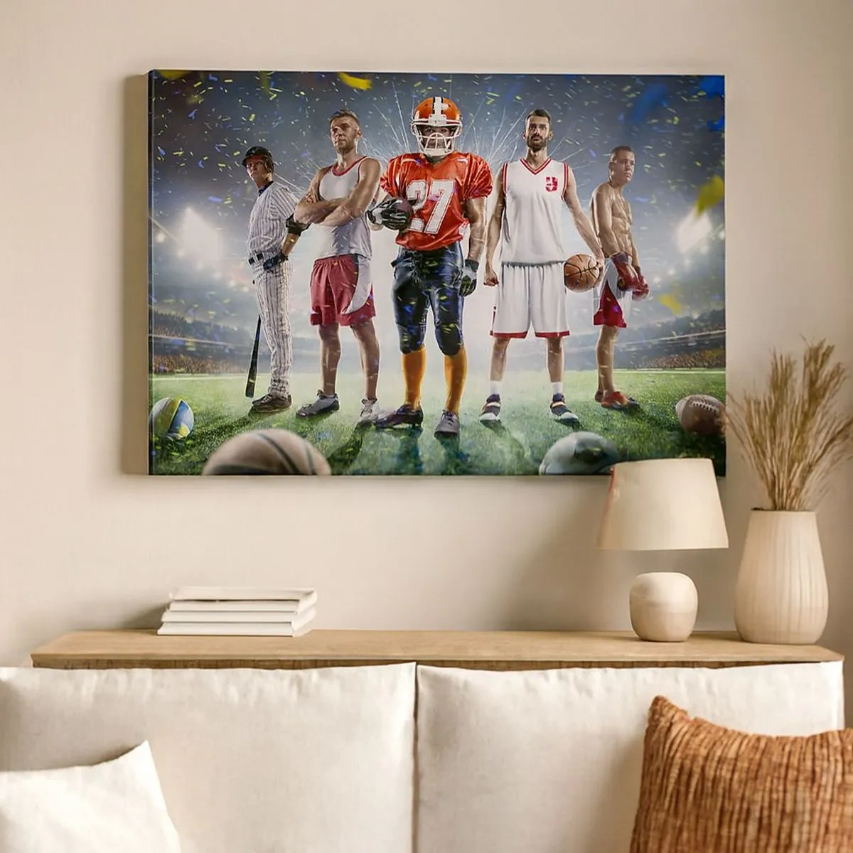 Impression sur toile - Image sur toile - Une scène dynamique d'athlètes de diverses disciplines dans le stade sous les projecteurs - 70x50cm - Gladiateurs des champs - Décoration murale moderne pour le salon et la chambre ARTTOR