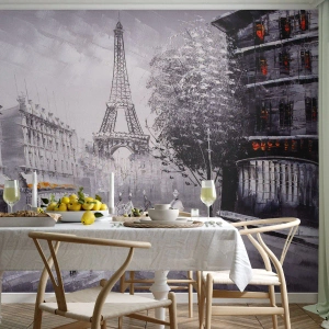 Papier Peint Photo Premium Sand - Une image en noir et blanc de Paris avec la Tour Eiffel et des passants. - 100x70cm - Balade parisienne - Décoration murale moderne pour le salon et la chambre ARTTOR