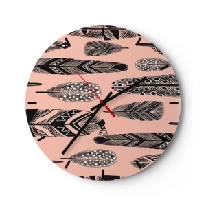 Horloge murale - Pendule murale - Motif décoratif de plumes noires sur fond rose - 30x30cm - Collection indienne - Décoration murale moderne pour le salon, la cuisine et la chambre ARTTOR