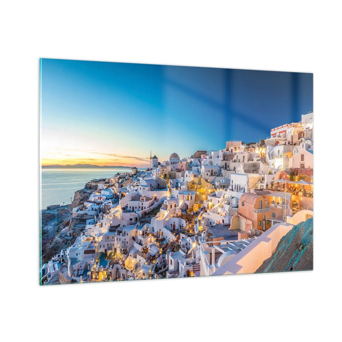 Impression sur verre - Image sur verre - Panorama de Santorin au coucher du soleil - 100x70cm - L'essence de la grecque - Décoration murale moderne pour le salon et la chambre ARTTOR