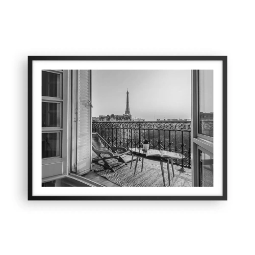 Affiche dans un cadre noir - Poster - Vue sur la Tour Eiffel depuis le balcon avec transats et table - 70x50cm - Après-midi parisien - Décoration murale moderne pour le salon et la chambre ARTTOR