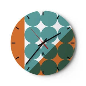 Horloge murale - Pendule murale - Cercles géométriques dans les tons de vert et d'orange - 30x30cm - En haut et en diagonale - Décoration murale moderne pour le salon, la cuisine et la chambre ARTTOR
