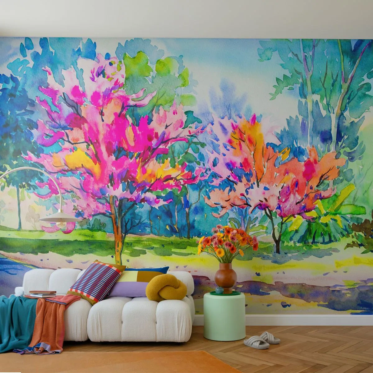Papier Peint Autocollant Deluxe Sticker - Jardin arc-en-ciel à la lumière du printemps - Parc, Des arbres, Nature - 500x350 cm