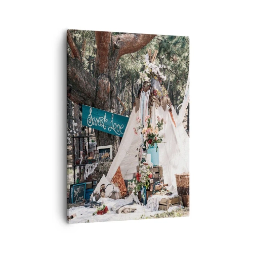 Impression sur toile - Image sur toile - Décoration bohème avec un tipi dans la forêt - 50x70cm - Make love… - Décoration murale moderne pour le salon et la chambre ARTTOR
