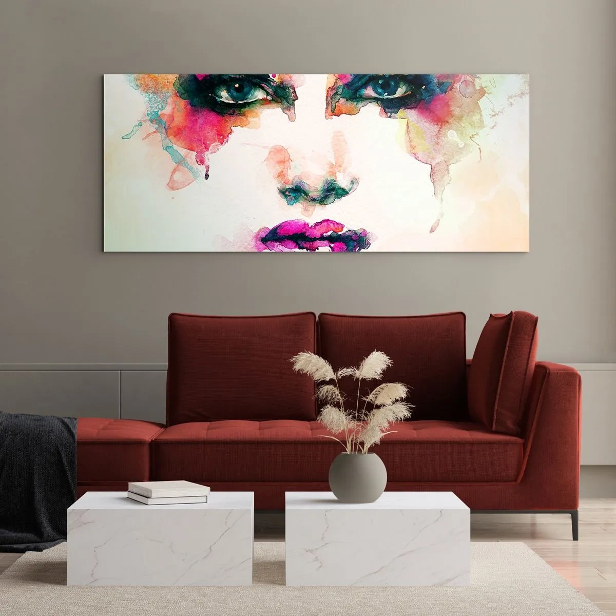 Impression sur verre - Image sur verre - Portrait abstrait d'une femme aux couleurs intenses - 160x50cm - Un portrait peint avec un arc-en-ciel - Décoration murale moderne pour le salon et la chambre ARTTOR