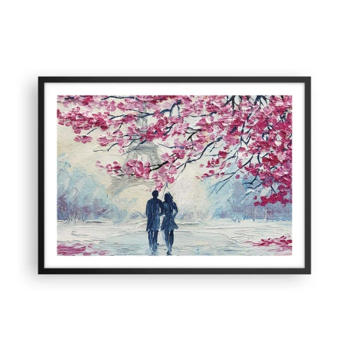 Affiche dans un cadre noir - Poster - Un couple sous des arbres roses en fleurs dans un cadre romantique - 70x50cm - Ballade romantique - Décoration murale moderne pour le salon et la chambre ARTTOR