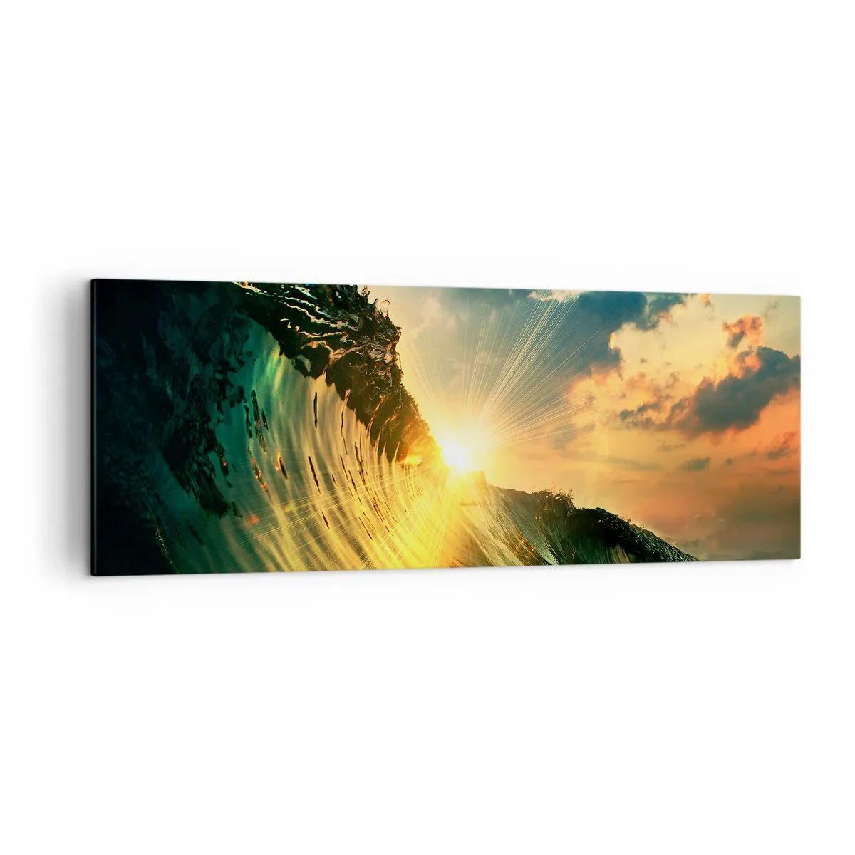 Impression sur toile - Image sur toile - Une vague avec le soleil couchant et les nuages illuminés - 140x50cm - Surfeur, où es-tu ? - Décoration murale moderne pour le salon et la chambre ARTTOR