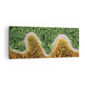 Impression sur toile - Image sur toile - Une route sinueuse à travers la forêt vue à vol d'oiseau - 120x50cm - Frontieres et differences - Décoration murale moderne pour le salon et la chambre ARTTOR