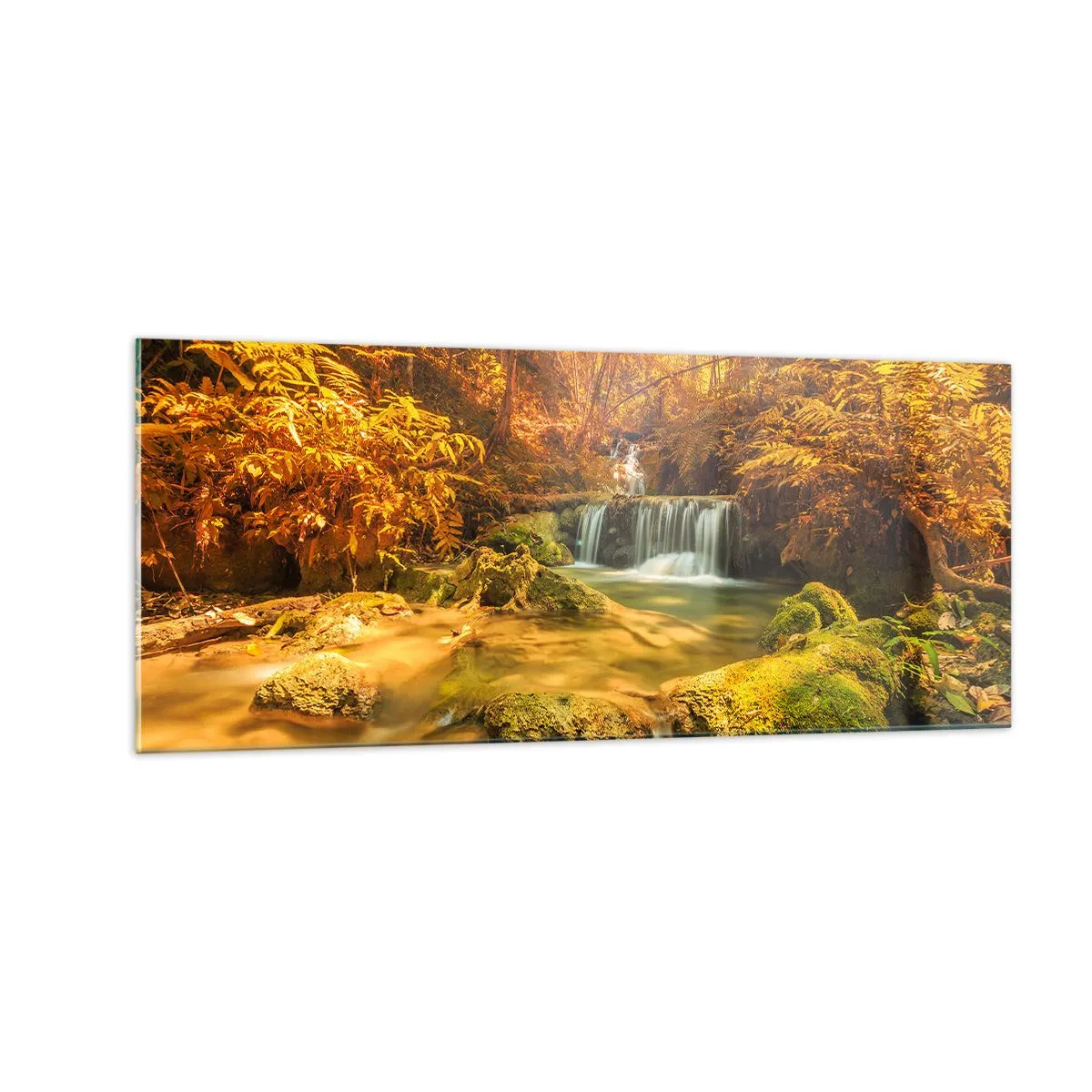 Impression sur verre - Image sur verre - Cascade de forêt en or - 100x40 cm