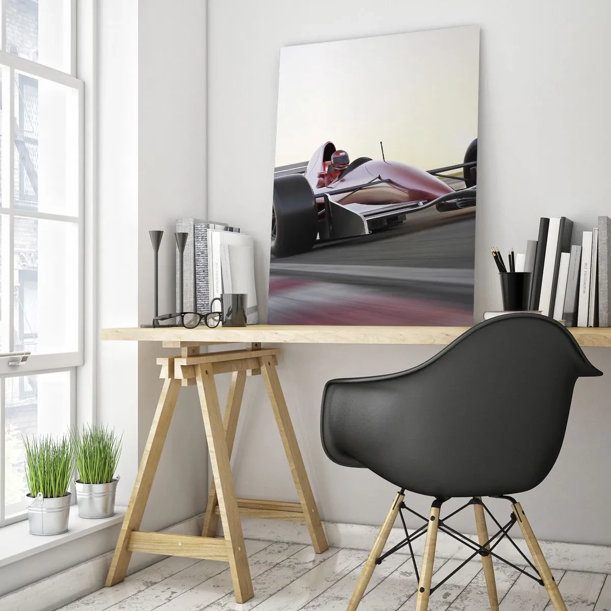 Impression sur verre - Image sur verre - Une voiture de Formule 1 rouge sur une piste de course en conduisant - 70x100cm - Toujours gagnant - Décoration murale moderne pour le salon et la chambre ARTTOR