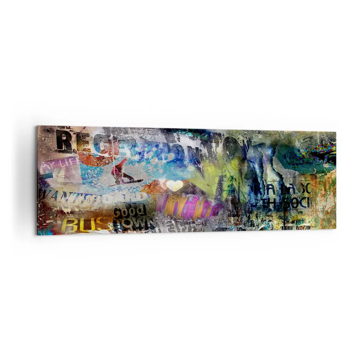 Impression sur toile - Image sur toile - Collage abstrait avec texte et couleurs variées - 160x50cm - Collage de souvenirs - Décoration murale moderne pour le salon et la chambre ARTTOR