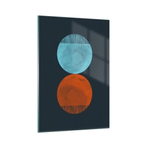 Impression sur verre - Image sur verre - Design minimaliste à deux roues en bleu et orange - 80x120cm - Seulement la géométrie ? - Décoration murale moderne pour le salon et la chambre ARTTOR