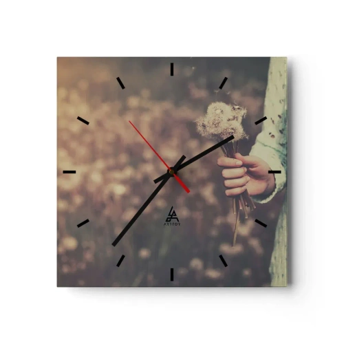 Horloge murale - Pendule murale - Une main tenant des pissenlits sur un fond flou d'un champ plein de fleurs. - 30x30cm - Merci de les garder - Décoration murale moderne pour le salon et la chambre ARTTOR