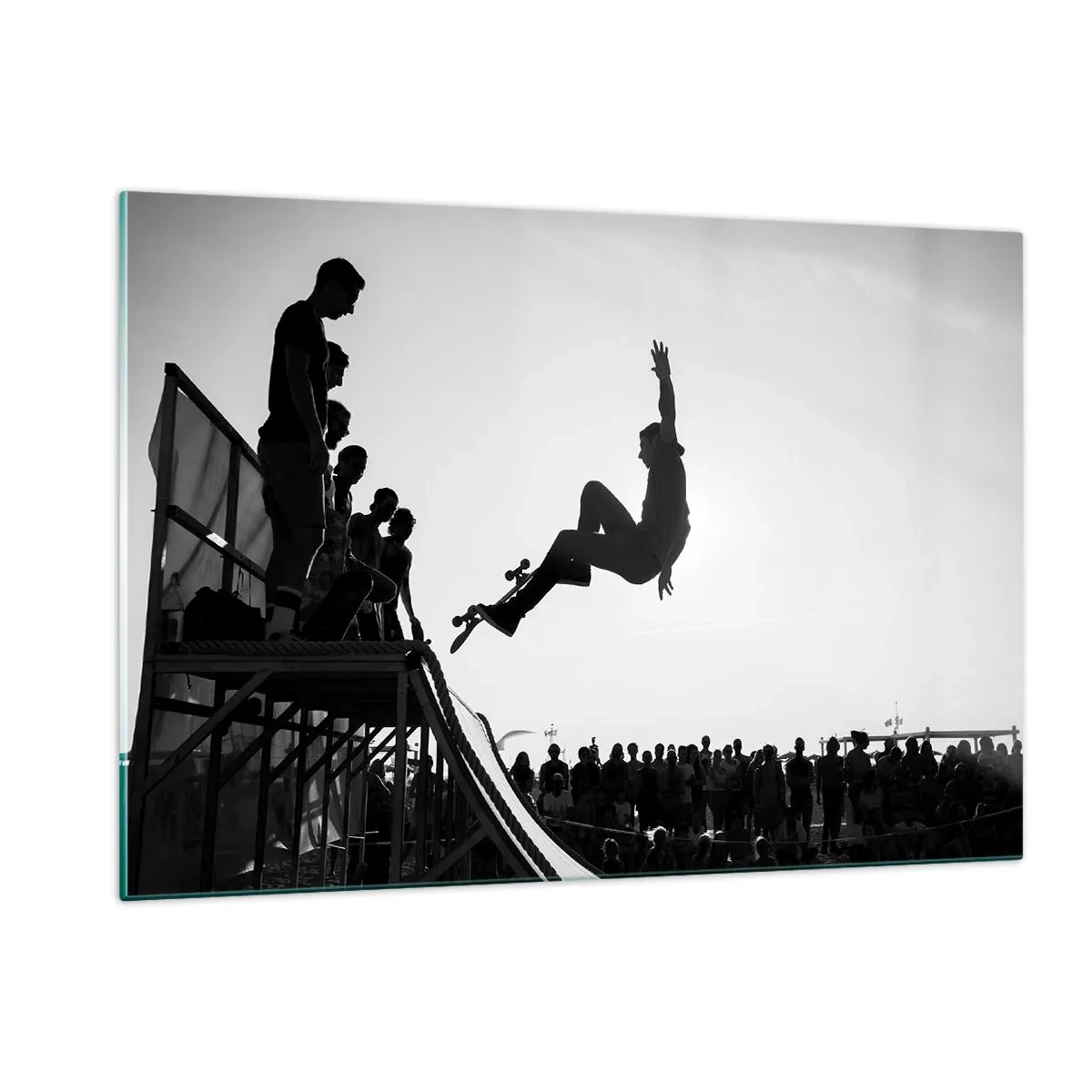 Impression sur verre - Image sur verre - Patineur noir et blanc dans les airs - 120x80cm - Héros et spectateurs - Décoration murale moderne pour le salon et la chambre ARTTOR