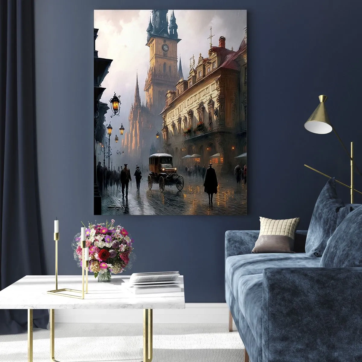 Impression sur verre - Image sur verre - Une rue historique éclairée par des lanternes au crépuscule - 50x70cm - Le charme d'une soirée pragoise - Décoration murale moderne pour le salon et la chambre ARTTOR